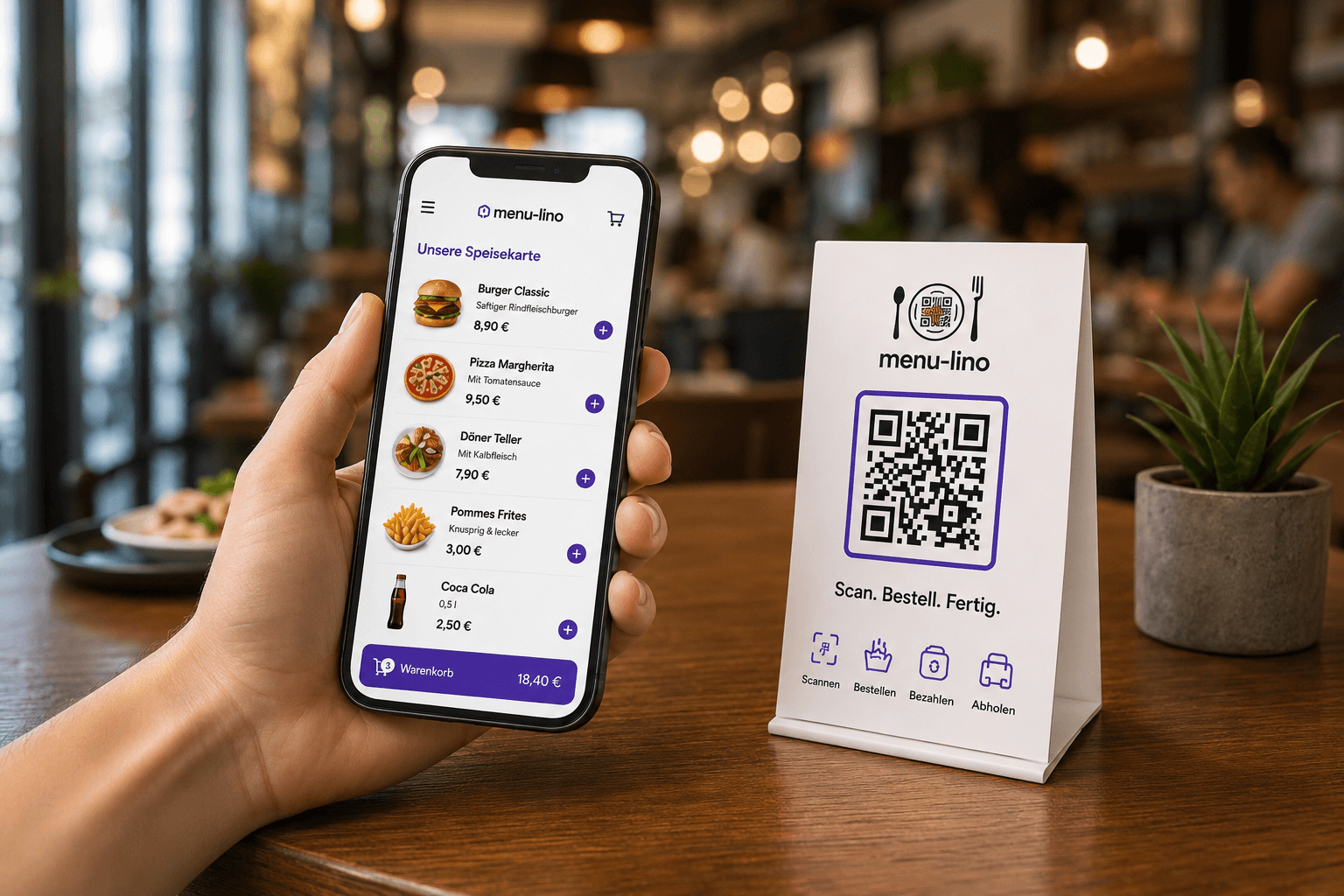 Gast bestellt über Menu-Lino mit Smartphone und QR-Code