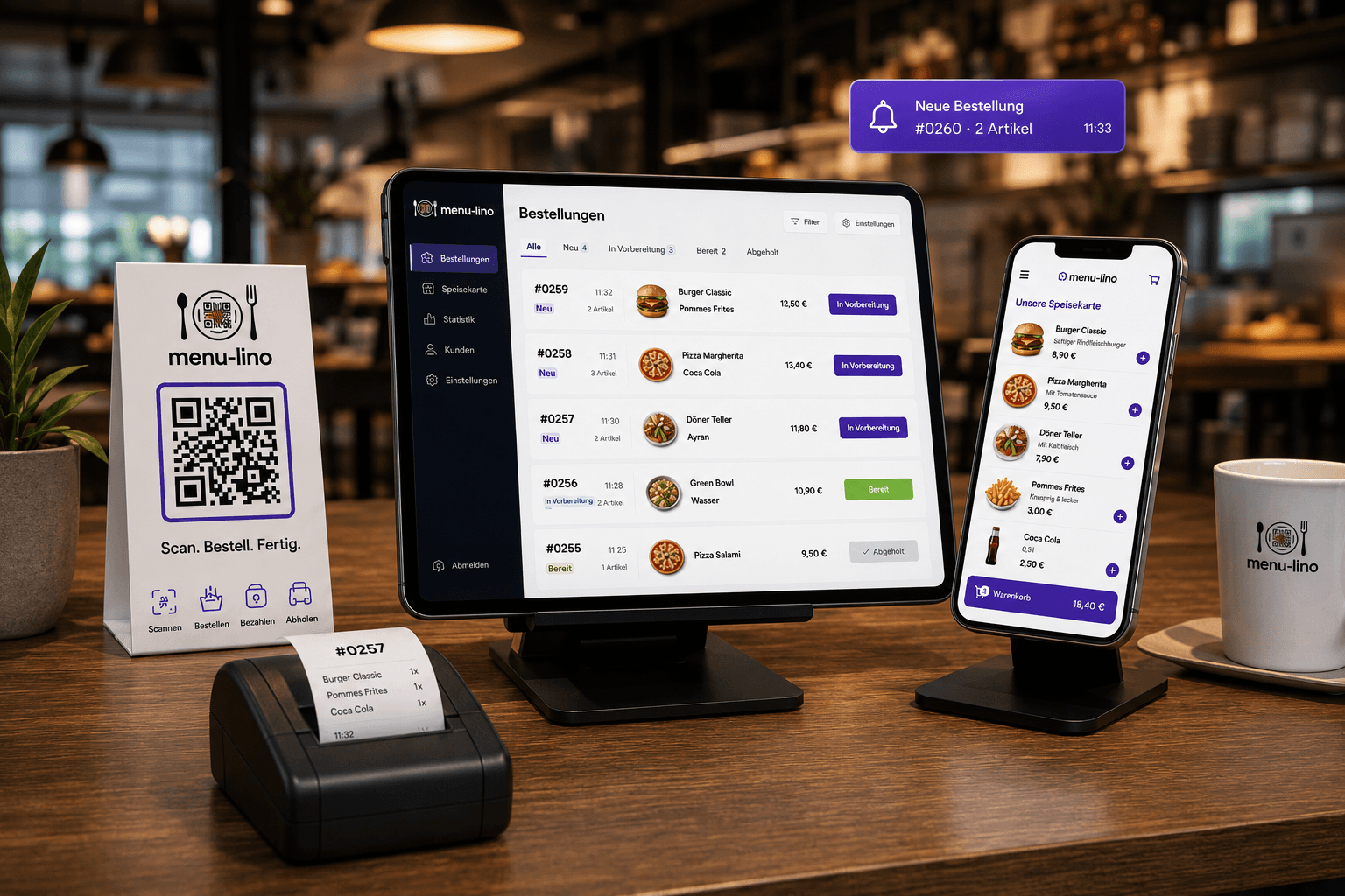 Menu-Lino Restaurant-Dashboard mit Bestellungen, QR-Code und Bondrucker